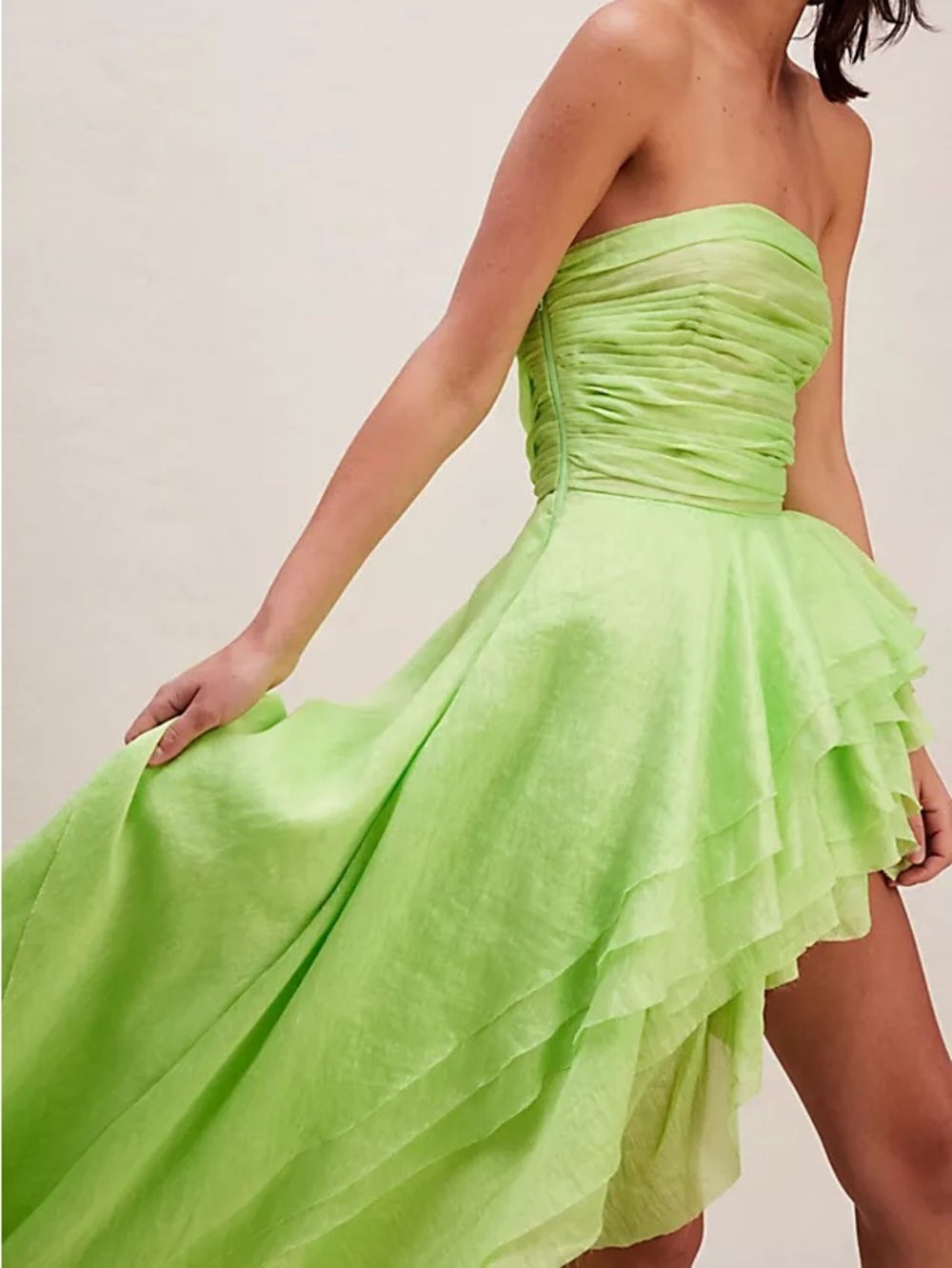 Bronx and Banco Tulum Hi-Lo Strapless Ruffle Neon Gown in Green Sz XS